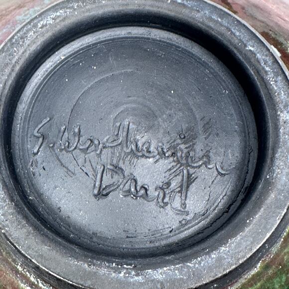 Susan Wertheimer David Raku Pottery Bowl Green with Metallic Highlights 6" - Picture 10 of 11